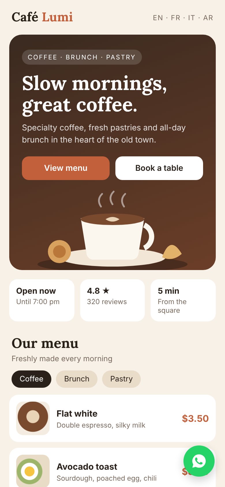 Demo café website home screen