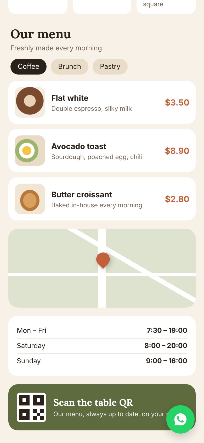 Demo café website menu screen